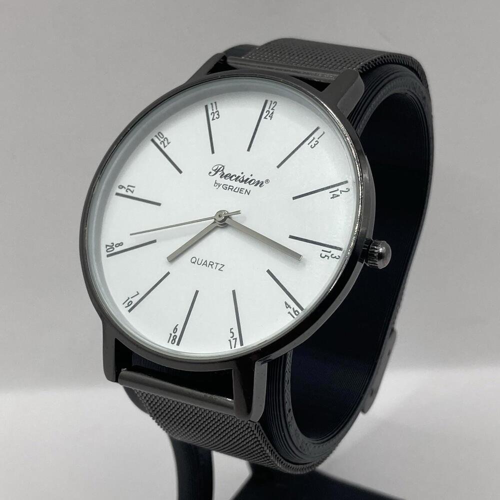 Men’s Precision By Gruen Quartz Watch White Dial Stainless Steel Black Band